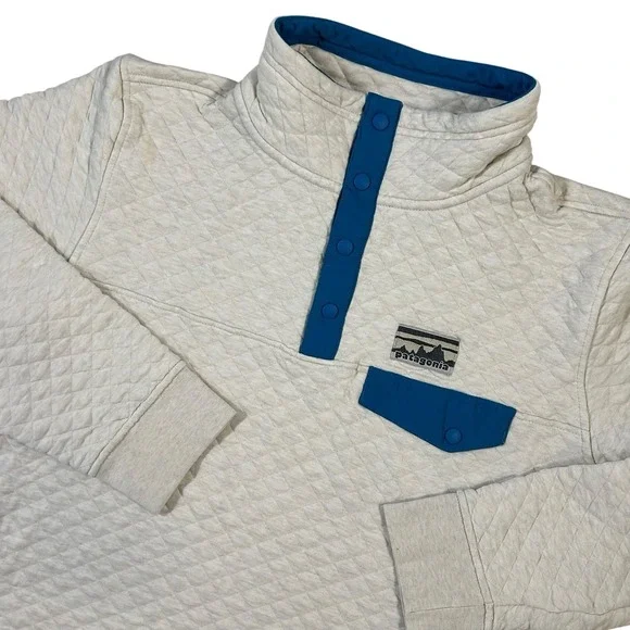 Patagonia Pullover Womens Large White Blue Organic Cotton Quilted Snap Synchilla - Picture 1 of 10